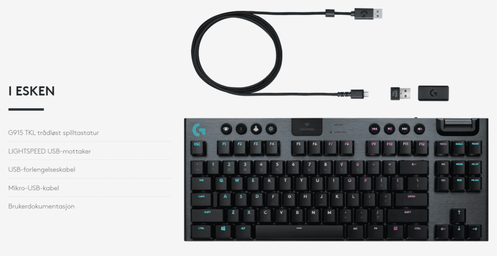 Logitech G915 TKL Lightspeed gaming tastatur - Trådløst RGB mekanisk.