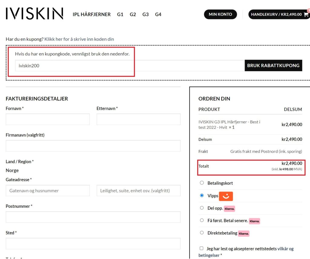 iviskin rabattkode før bruk av kode