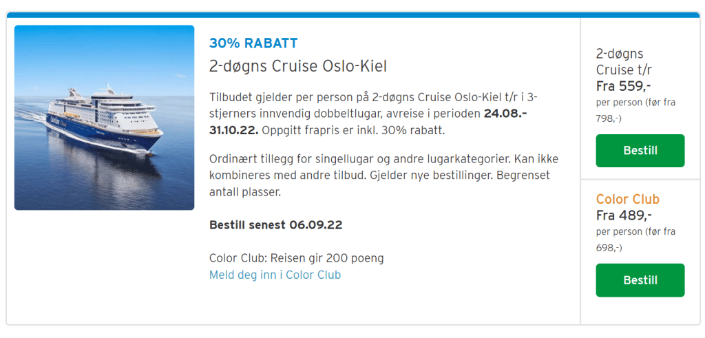 Colorline med 30% rabatt på 2 døgns cruise til kiel