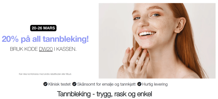 Få 20% rabatt på Dentaworks tannbleking