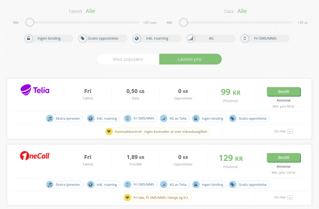 Finn det billigste mobilabonnementet som passer mest for deg